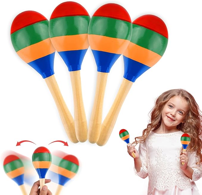 4 Pcs Maracas Hand Percussion Rattles, PLULON Colorful Wooden Maracas Rumba Shakers Rattle Latin Musical Instrument for Kids Adults Game Playing, Mexican Fiesta Cinco De Mayo Party Favors Supplies