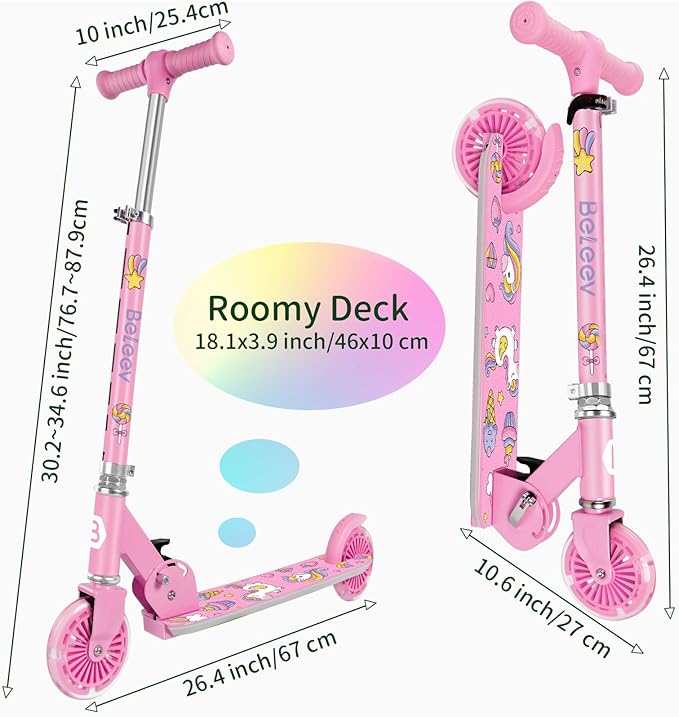 BELEEV V2 Scooters for Kids with Light-Up Wheels & Stem & Deck, 2 Wheel Folding Scooter for Girls Boys, 3 Adjustable Height, Non-Slip Pattern Deck, Lightweight Kick Scooter for Children Ages 3-12-CubbioJoy