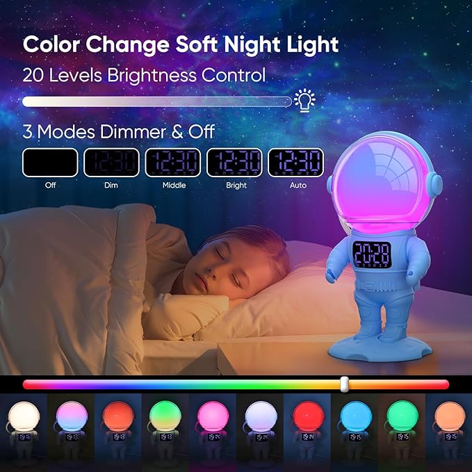 Astronaut Sunrise Alarm Clock for Kids, White Noise Sound Machine with 30 Soothing Sounds, 22 Dimmable Nightlights, Bluetooth Speaker, Dual Digital Alarm Clocks, Wake Up Light for Bedroom, Adults-CubbioJoy