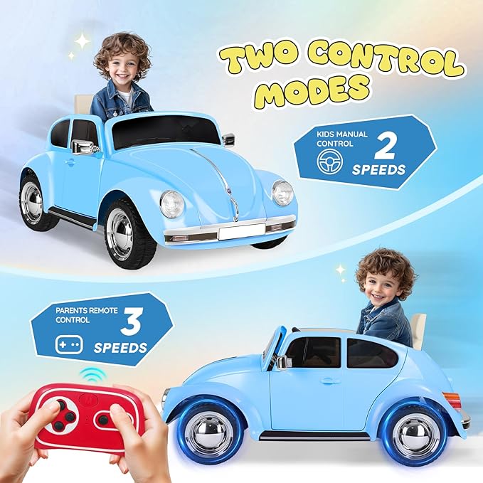 12V Kids Electric Car, Power Wheels with Remote Control, Ride on Car Toys with LED Light, 3 Speeds, Music, Blue-CubbioJoy