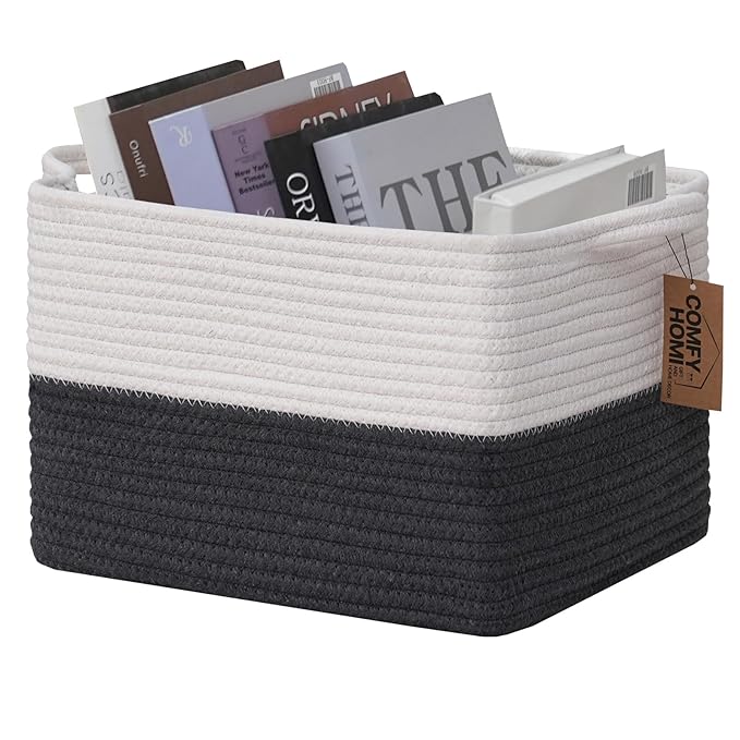 COMFY-HOMI Cotton Rope Woven Basket with Handles for Shelves,Toys,Book, Cloth Storage Baskets Bin for Organizing-13.5"x11"x9.5" Toy Decorative Organizer for Living Room, Bathroom-White/Dark Grey-CubbioJoy