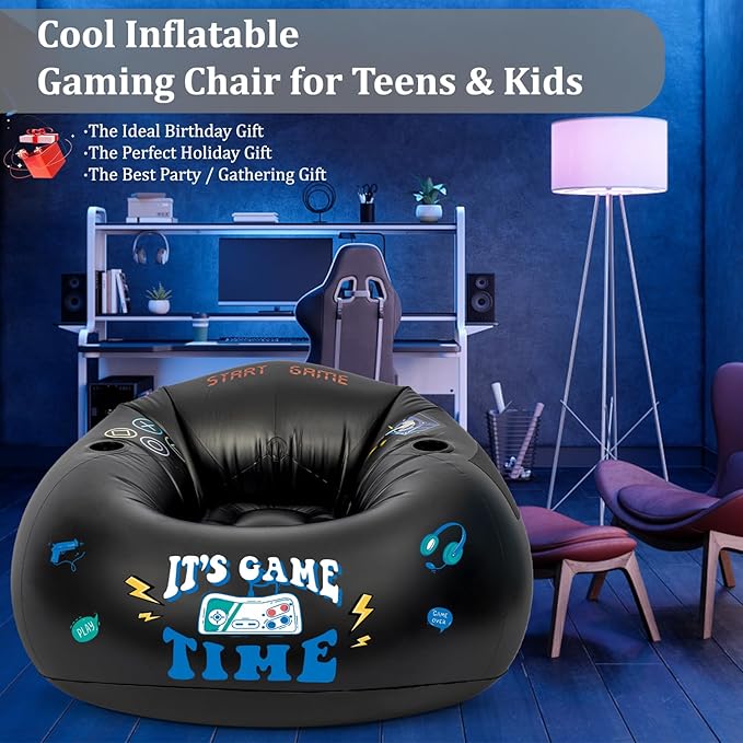 Inflatable Gaming Chair for Kids, Floor Bean Bag Chair for Teens - Boys Room Furniture with Cup Holder and Side Pocket, Inflatable Gaming Couch for Boys Room, Cool Kids Blow Up Couch Decor for Teens-CubbioJoy