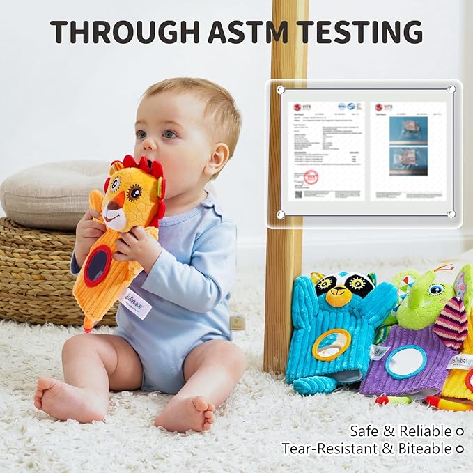 Jollybaby Hand Puppets Baby Toy 0-6-12 Months, Plush Stuffed Animal Hand Puppets Toys for Kids，Sensory Doll with Rattle and Mirror for Toddler，Social Emotional Play Therapy Toys for Boy Girl Gift-CubbioJoy