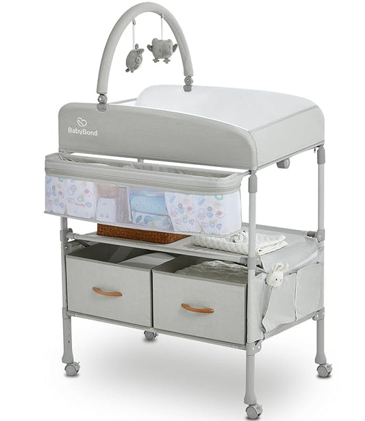 BabyBond Portable Baby Changing Table with 2 Storage Baskets, Foldable Changing Table Dresser Waterproof Diaper Changing Table Height Adjustable Changing Station for Infant and Newborn(Beige)-CubbioJoy
