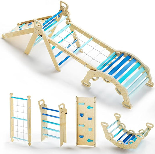 BlueWood 2025 8-in-1 Pikler Triangle Climbing Set Toddler Toys Indoor Baby Jungle Gym Climber Playground for Kids - Sky Blue-CubbioJoy