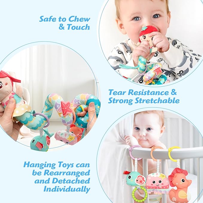Carseat Toys Hanging Car Seat Toys for Babies 0-6 Months Boy Girl, Mermaid Stroller Toy Newborn Infant Sensory Baby Toy 0-6 Months with Music Rattle Teether, Gift for 0 3 6 9 12 Months-CubbioJoy