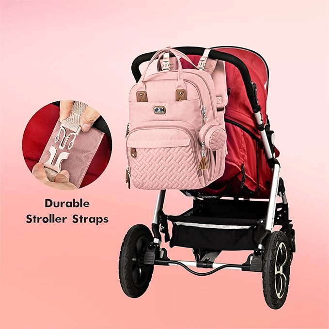 Dikaslon Diaper Bag Backpack with Portable Changing Pad, Pacifier Case and Stroller Straps, Large Unisex Baby Bags for Boys Girls, Multipurpose Travel Back Pack Moms Dads, Pink-CubbioJoy