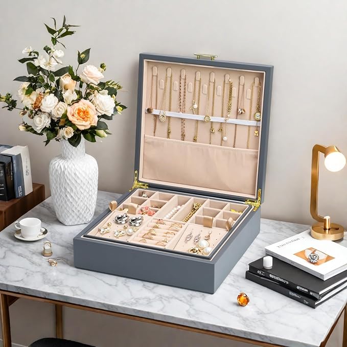 2-layer jewelry box，Jewelry Organizer with Handle，with hanging necklace hooks, detachable jewelry trays, suitable for storing a large amount of jewelry gift box (Large-Grey)-CubbioJoy