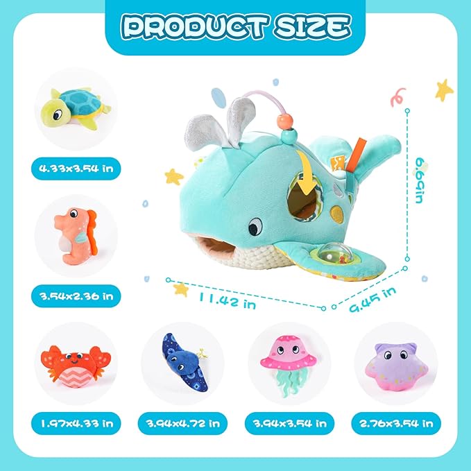 Koty Baby Toys 6-12 Months, Montessori Sensory Toys,My First Ocean Whale House Toy with 6 Sea Animals | Bell Shell, Squeaky Seahorse & Crinkle Paper | Baby Gift-CubbioJoy