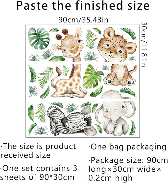 44.88 x22.98 Inch Watercolor Jungle Animal Wall Decals - Tiger, Elephant, Zebra Peel & Stick Wall Art Stickers for Baby Nursery, Playroom, Bedroom, Classroom & Kindergarten Decor-CubbioJoy