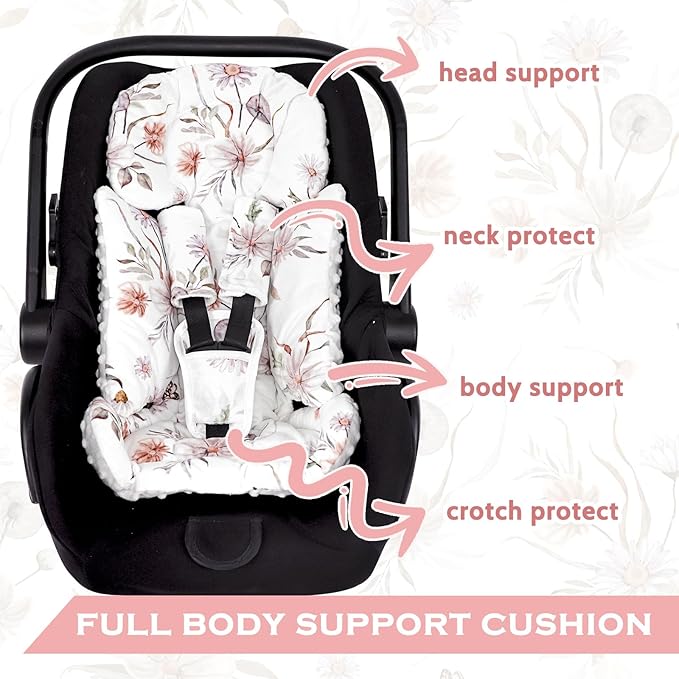 Infant Car Seat Insert and Strap Covers, Very Soft Car Seat Head Support Baby Girl Boy, Reversible Newborn Carseat Insert Cushion Fits for Stroller, Baby Swing, Bouncer (White Flower)-CubbioJoy