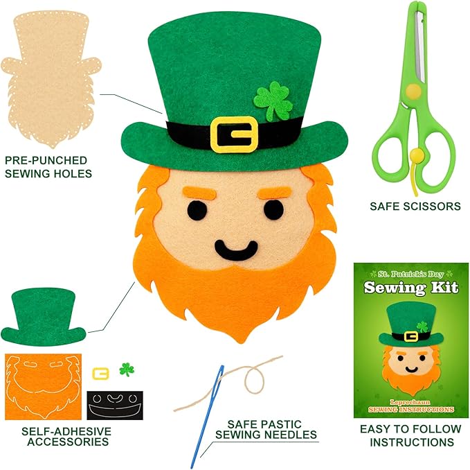 CiyvoLyeen St. Patrick's Day Craft Kids Sewing Kit Fun Saint Paddy's Day Felt DIY Craft Sewing for Girls and Boys Beginners Includes 12 Projects Clover Shamrock Ornaments Irish Education Gift Ideas-CubbioJoy