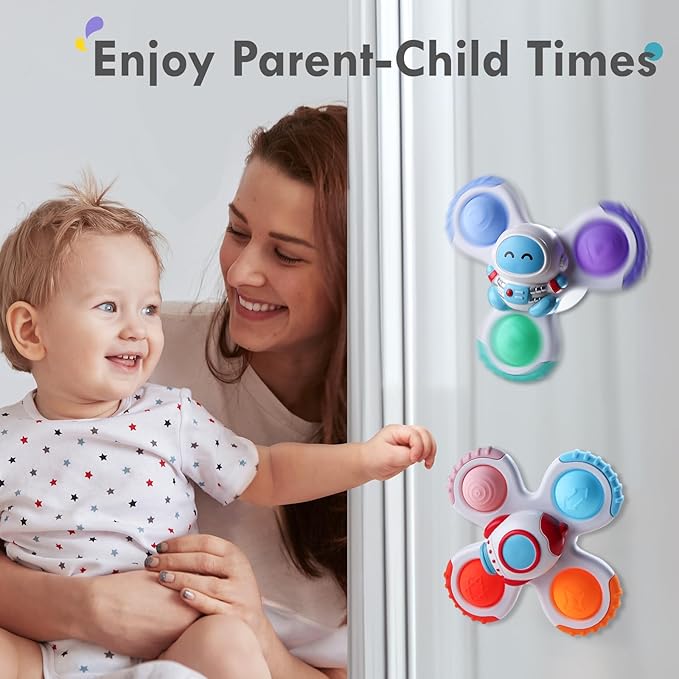 ALASOU 3PCS Pop Suction Cup Spinner Toys for 1 Year Old Boy Girl|Novelty Spinning Tops Toddler Toys Age 1-2|Sensory Baby Bath Toy for Toddlers 1-3|12 18 Months Boy Birthday Gift for Infant-CubbioJoy