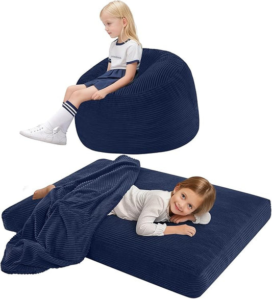 COMAX Kids Bean Bag Chair Turn into Beanbag Bed, Toddler Bean Chair Corduroy for Girl Boy Sleeping, Lazy Children Bean Bags with Filler, Convertible Child Floor Mattress, Dark Blue-CubbioJoy