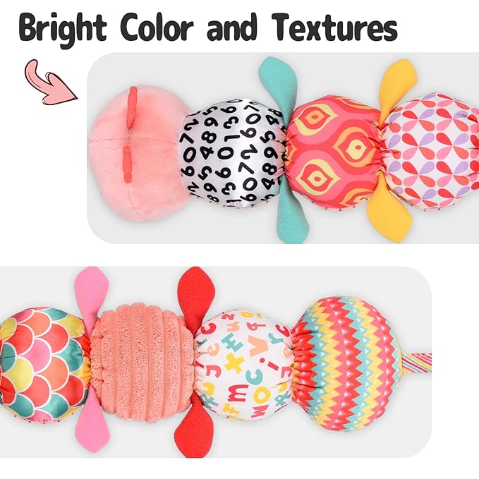 Infant Baby Musical Stuffed Animal Activity Soft Toys with Multi-Sensory Crinkle, Rattle and Textures for 0-3-6-12 Months Developmental Toys, Caterpillar, Pink-CubbioJoy