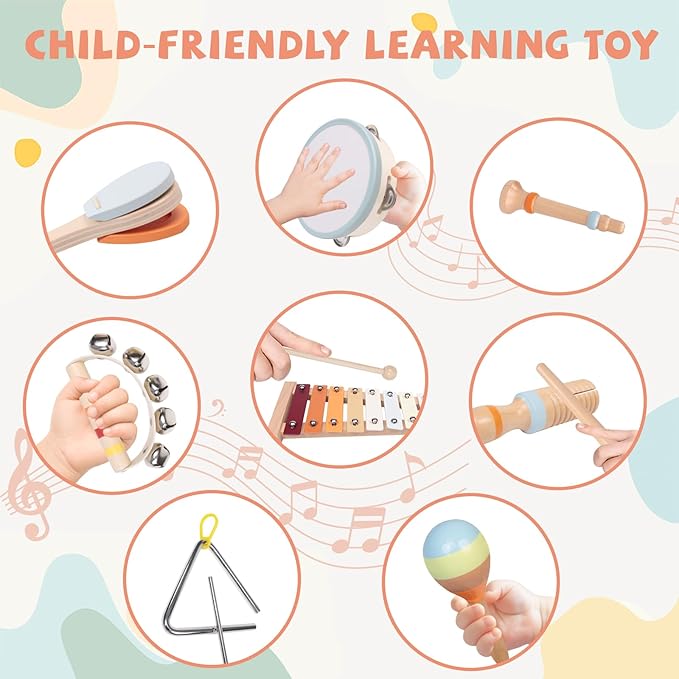 Baby Musical Instruments Set - Montessori Wooden 18 Month Old Baby Musical Toys, Toddler Percussion Instruments Xylophone Maracas Tambourine for Kids, 2 3 4 Year Old Baby Girls Boys Birthday Gifts-CubbioJoy