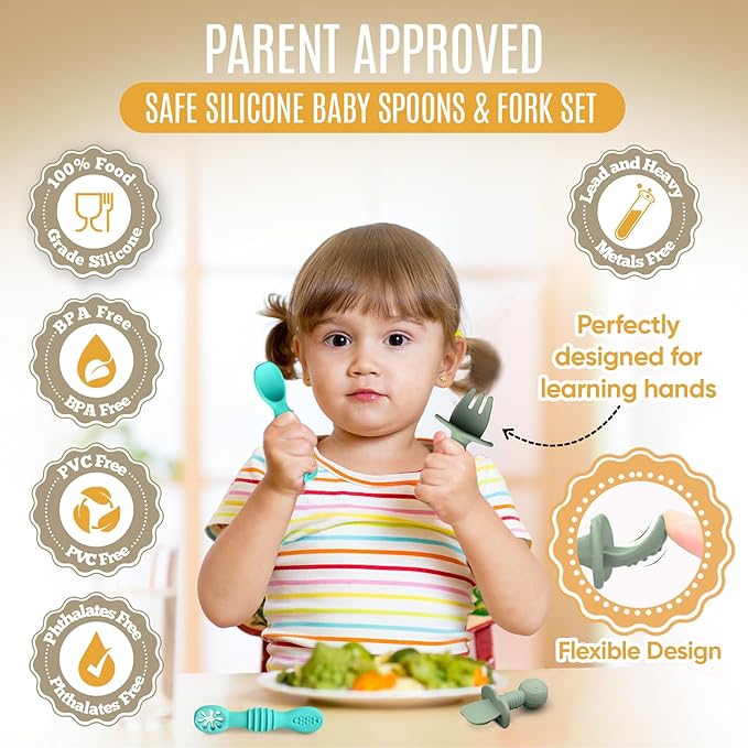 8pc Silicone Baby Spoons & Forks Set – Self Feeding Baby Utensils 6-12 Months – BPA Free, Dishwasher Safe – Toddler Cutlery (Turquoise/Pickle & Green/Yellow)-CubbioJoy