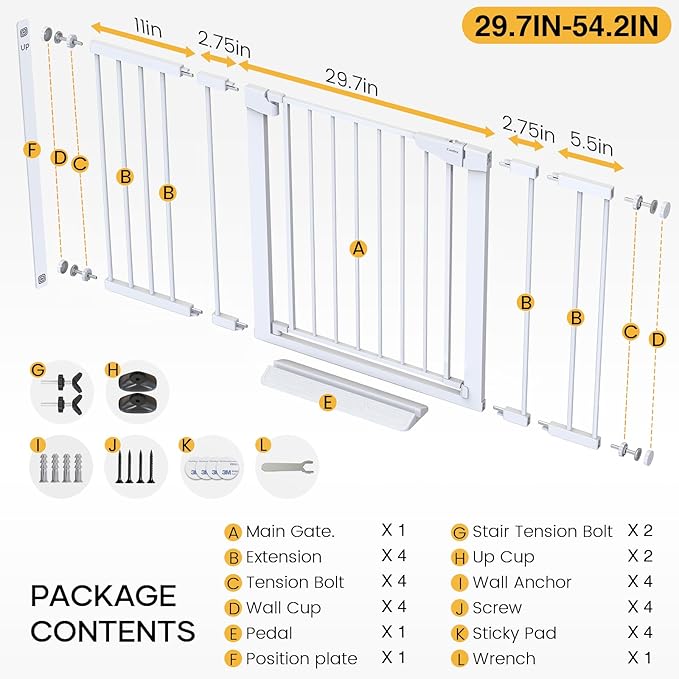 Cumbor 2 Pack 29.7-54.2" Baby Gate for Stairs, Mom's Choice Awards Winner-Auto Close Dog Gate for Doorways, Easy Install Pressure Mounted Pet Gate Indoor, Wide Safety Gate for Dog, White-CubbioJoy