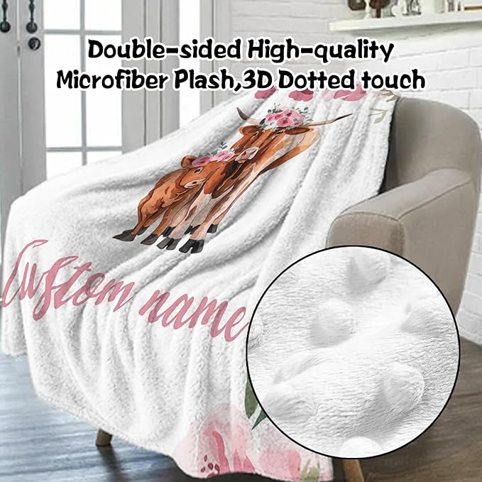 Custom Nursery Crib Bedding Set: Personalized Name 4 Piece Highland Cow Theme Baby Crib Sets for Girls - Toddler Double Layer Blanket Set, Comfortable Crib Bed Sheets for Baby Toddlers-CubbioJoy