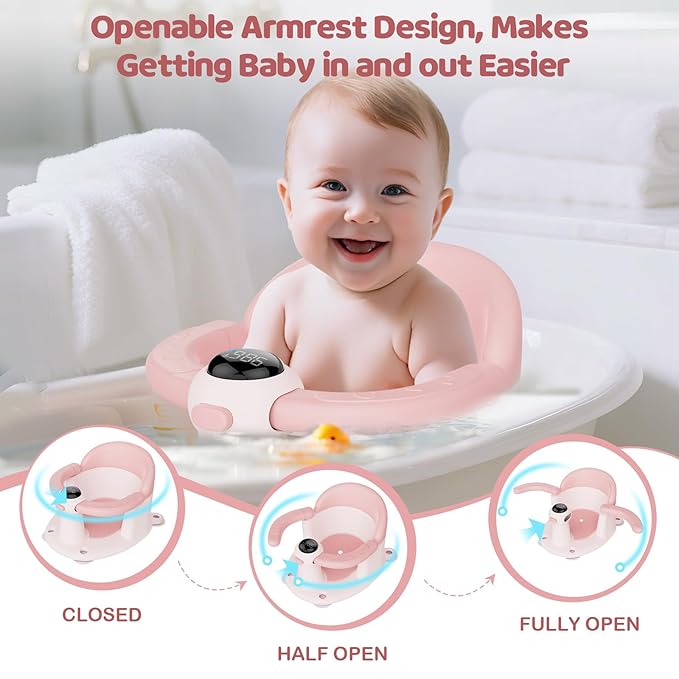 Baby Bath Seat-for Babies 6 Months & up, Water Temperature Display+Soft Cushion, Non-Slip Toddler Bath Seat for Baby, Sit Up Bath Seat for Baby, Pink-CubbioJoy