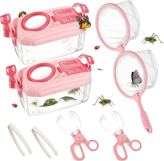 2Sets Bug Catcher for Kids- Sturdy Kids Bug Catching Kit Gifts with Collector Butterfly Net Tweezer, Bugs Habitat Outdoor Explorer Kit for Age 3 4 5 6 7 8, 8Pcs, Pink-CubbioJoy