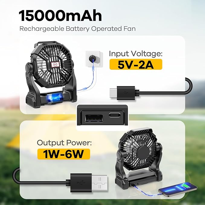 15000mAh Portable Battery Powered Camping Fan - with LED Light, Quiet Battery Operated, Camping Gear for Travel, Tent, Beach, Car or Hurricane Power Outages，Black-CubbioJoy