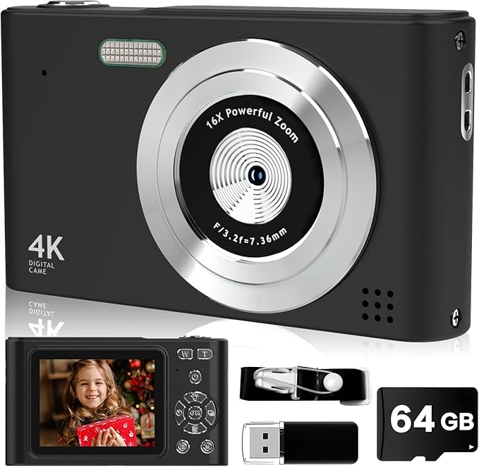 Digital Camera, 44MP Full HD 1080P Point and Shoot Camera with 64GB Card, Anti Shake 16X Zoom Compact Volg Cameras, Portable Small Camara Gift for Kids, Ages Teen Girl Boy - Black-CubbioJoy