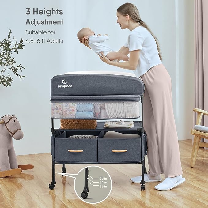 BabyBond Portable Baby Changing Table with 2 Storage Baskets, Foldable Diaper Changing Table Dresser Waterproof Height Adjustable Changing Station for Infant and Newborn(Grey)-CubbioJoy