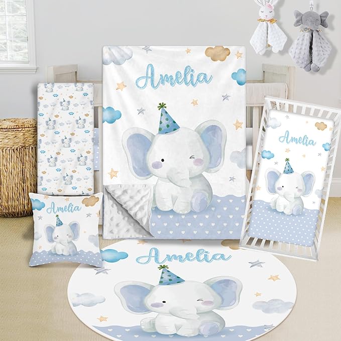 Custom Crib Bedding Set - Elephant Design Personalized Name Baby Nursery Bed 3 Pcs Set - Chic Soft Blanket with Dotted Backing, Sheet, Pillowcase for Newborn Girls Boys Gifts Color18-CubbioJoy