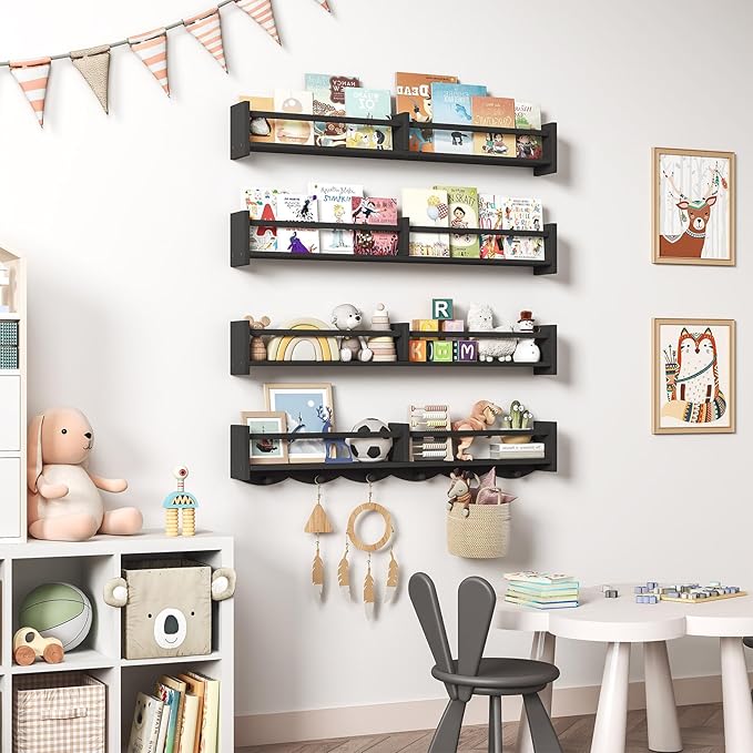 34Inch Nursery Bookshelves,Set of 4,Wall Floating Shelf Kids Coat Rack with 6Hooks,Hanging Book Shelf for Baby Nursery Room Décor ，Patent Number: 29958098(Black, 34)-CubbioJoy