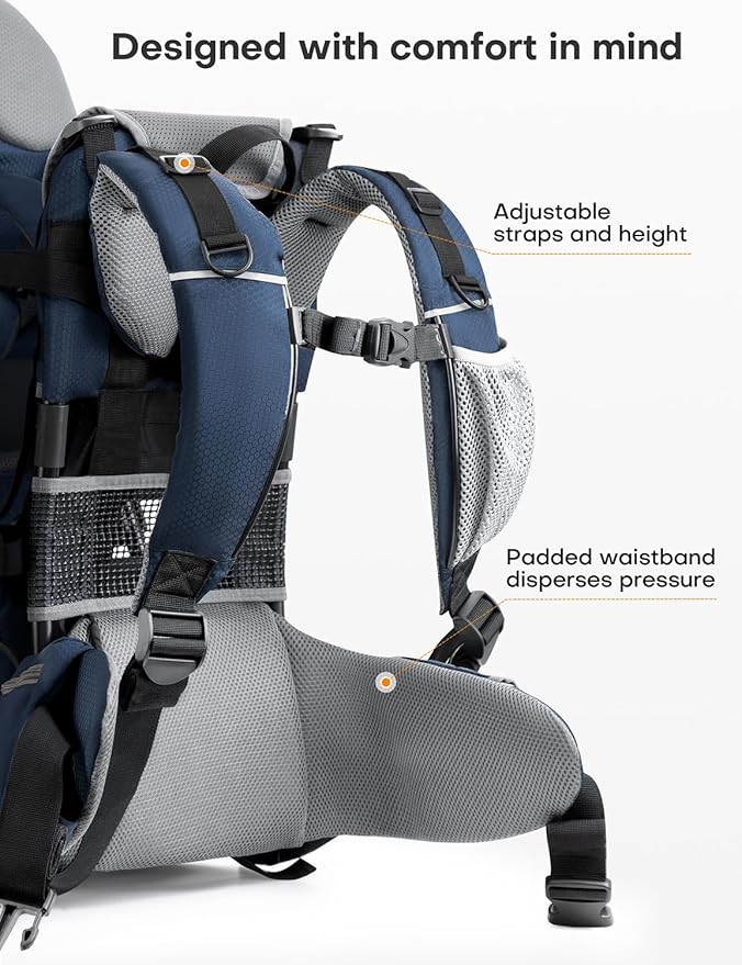 besrey Baby Backpack Carrier, Toddler Hiking Backpack with Safety 3-Height Seat, Adjustable Straps&Waist Belt, Foldable Frame Lightweight Large Capacity Child Carrier for Hiking (Blue/Grey)-CubbioJoy