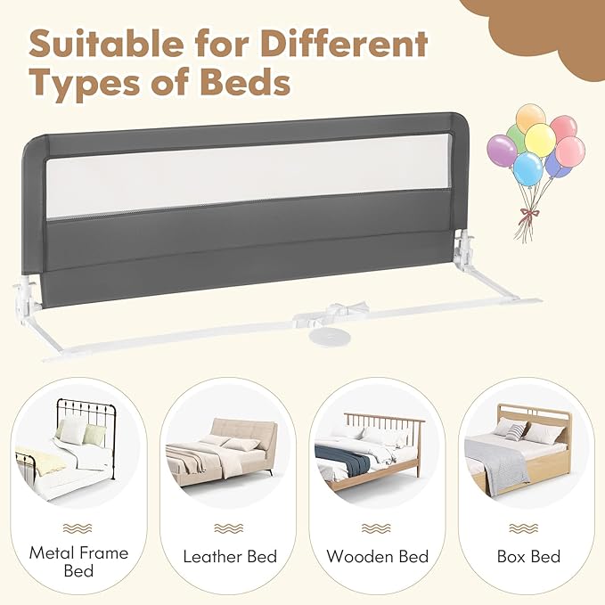 BABY JOY Bed Rails for Toddlers, 59‘’ Extra Long, Upgraded Swing Down Bed Guard w/Safety Straps, Folding Baby Bedrail for Kids Twin, Double, Full Size Queen & King Mattress (Gray, 59-Inch)-CubbioJoy