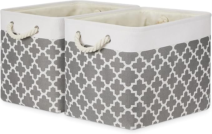 Bidtakay Large Fabric Storage Basket Set of 2 Collapsible Rectangle Basket for Shelves 16" X 11.8" X 11.8" Decorative Organizer Bins for Clothes Toys(White&Quatrefoil Grey)-CubbioJoy