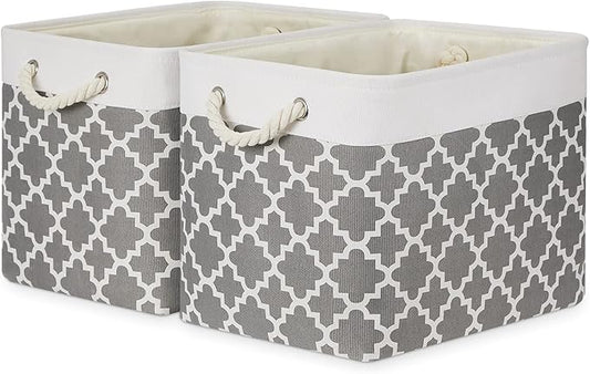 Bidtakay Large Fabric Storage Basket Set of 2 Collapsible Rectangle Basket for Shelves 16" X 11.8" X 11.8" Decorative Organizer Bins for Clothes Toys(White&Quatrefoil Grey)-CubbioJoy