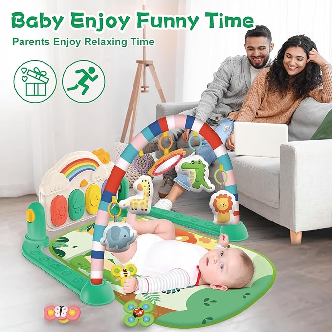 Baby Gyms Play Mats, Tummy Time Mat Toys, Infant Play Mat and Activity Gym, Baby Play Piano Gym Mat, Play Mats for Babies Newborns and Toddlers, Baby Activity Mat Toys 0-3-6-12 Months (Green)-CubbioJoy