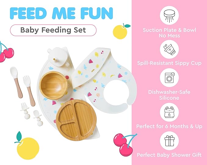 Bamboo Baby Feeding Set for Infants & Toddlers - Baby Essentials, Non-Toxic, Sustainable, Bamboo Suction Plate & Bowl, Bib, Sippy Cup w/Lid & Straw, Daily Use, Travel, Baby Shower Gifts (Vanilla)-CubbioJoy