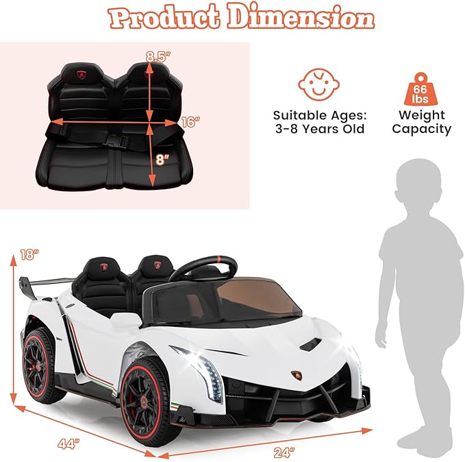 Costzon Ride on Car, Lamborghini Licensed 12V Battery Powered 4WD Sports Car with Remote Control, 3 Speeds, Hydraulic Doors, LED Lights, Towing Wheel, Horn, Music, Electric Vehicle for Kids Aged 3-8-CubbioJoy