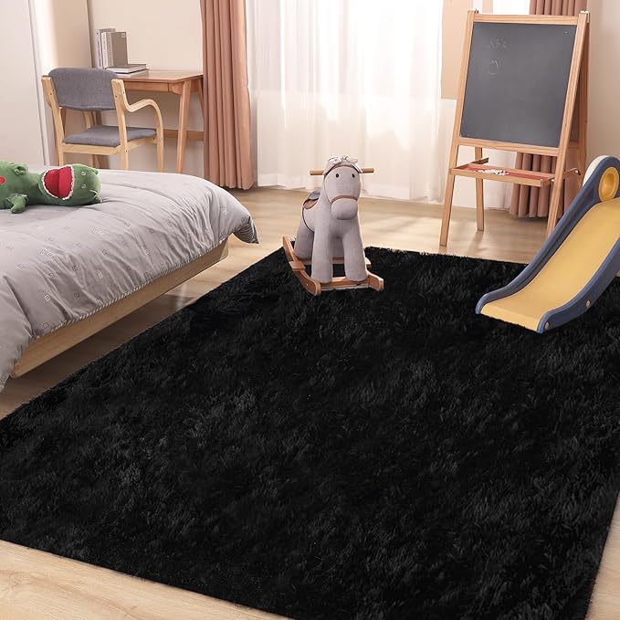 Black Area Rug, 5x7, Soft Plush for Living Room, Bedroom & Nursery, Non-Slip Indoor Carpet for Study, Kids Room Decor-CubbioJoy