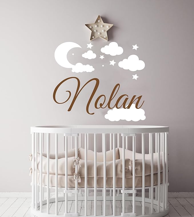 Custom Name with Moon Clouds and Stars Nursery Baby Name Wall Art Wall Decal for Nursery Bedroom playroom Decoration (Wide 40x40In Height), Wide 40Inx40In Height-CubbioJoy