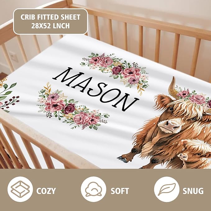 Custom Name Crib Bedding Set - Flower Highland Cow Pattern, Personalized Nursery Bedding 3-Piece Set– Soft Blanket, Fitted Sheet, Changing Pad Cover – for Newborns Girls Nursery Gifts-CubbioJoy