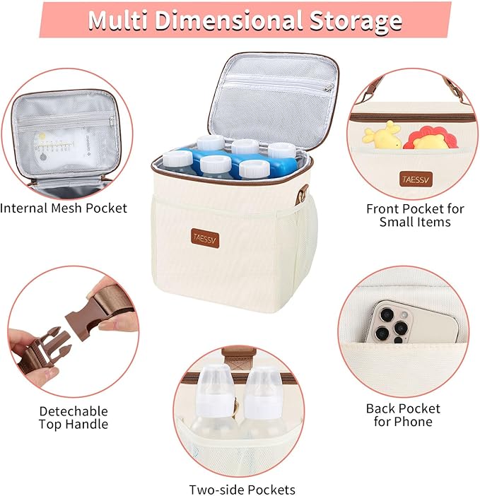 Breastmilk Cooler Bag with Ice Pack - Breast Milk Cooler Travel Bag Fits 6 Bottles Up to 11 Oz Insulated Baby Bottle Cooler Bag Breastmilk Storage Bag Cooler Perfect for Nursing Mom Daycare, Beige-CubbioJoy