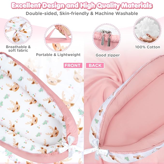 Baby Lounger - Baby Lounger for Newborn 0-24 Months, Breathable and Soft Cotton Cover Baby Nest, Portable Cozy Tummy Time Lounger for Home and Travel, Ideal Baby Essentials & Shower Gifts-CubbioJoy