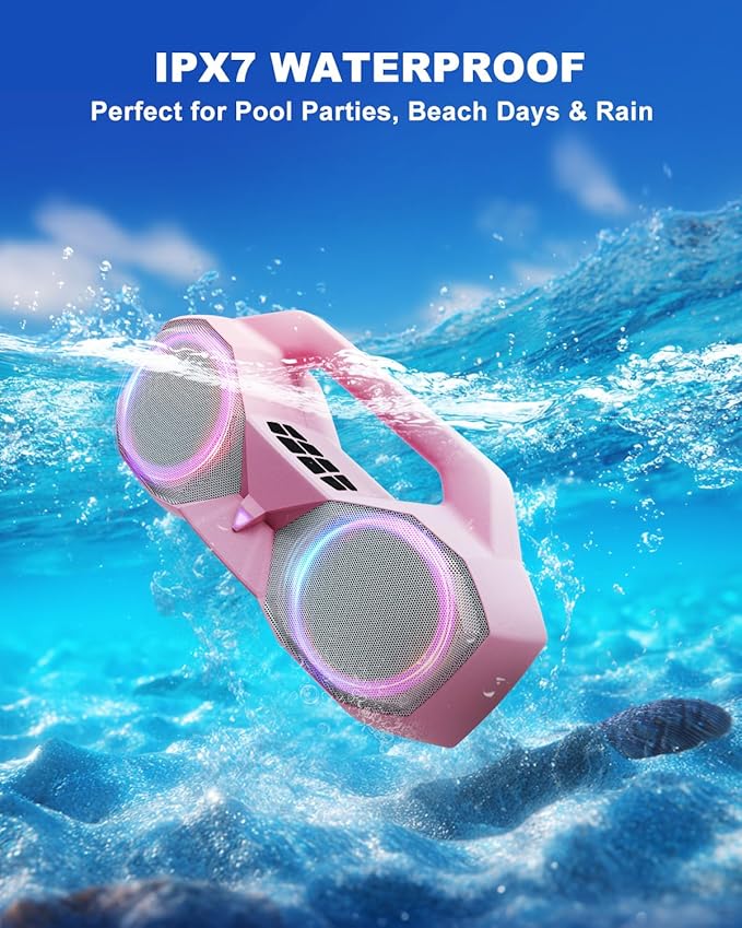 Bluetooth Speaker 80W(Peak)Loud with Bass, 20H Playtime, IPX7 Waterproof, RGB Lights, TWS, Large Portable Wireless Speakers for Outdoor, Home, Party, Pool, Beach, Tailgating, Gym, Work, Gifts (Pink)-CubbioJoy