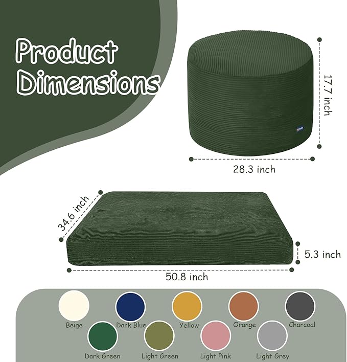 COMAX Kids Bean Bag Chair Turn into Beanbag Bed, Toddler Bean Chair Corduroy for Girl Boy Sleeping, Lazy Children Bean Bags with Filler, Convertible Child Floor Mattress, Dark Green-CubbioJoy