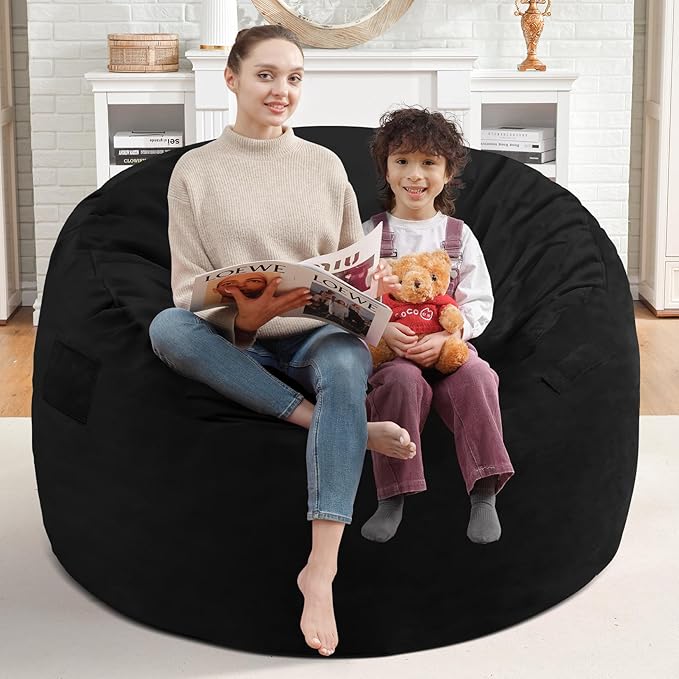 3FT Bean Bag Chair, Comfy Bean Bag Chairs with Memory Foam Filled, Fluffy Beanbag Sofa with Dutch Velvet Cover, Round BeanBag Chairs for Living Room, Playroom - Black-CubbioJoy