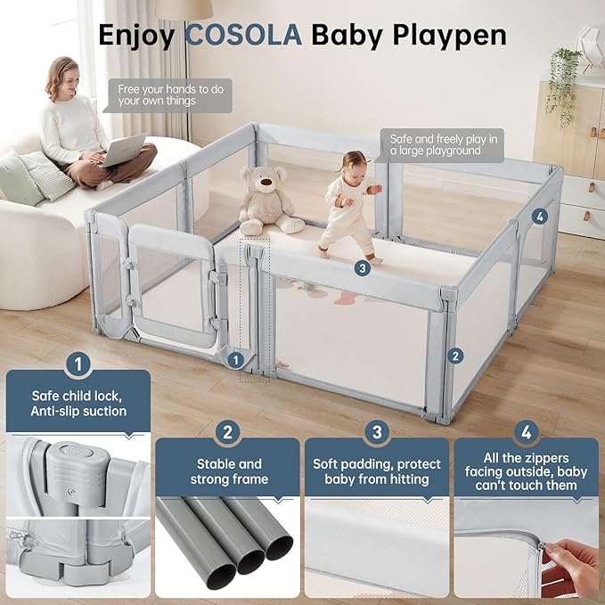 Baby Playpen,Large Play Pen for Babies and Toddlers with Door 79x71 Inch, Adjustable Playpen Non-Slip Suction Cups Base Safe and Sturdy, Indoor Outdoor Playard,Black-CubbioJoy