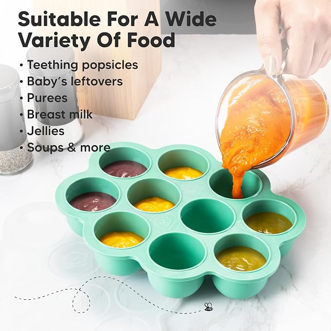 KeaBabies Silicone Food Freezer Trays with Lid, 2oz x 10 Pods Baby Food Storage Containers, Easy Puree Meal Prep, Breast Milk Silicone Freezer Molds, Dishwasher,Microwave Safe,BPA-Free(Alpine Green)-CubbioJoy