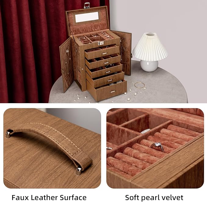 6 Tier Jewelry Box, Jewelry Case with 5 Drawers, Large Storage Capacity, with Mirror, Lockable, Jewelry Storage Organizer, Gift for Loved Ones-CubbioJoy