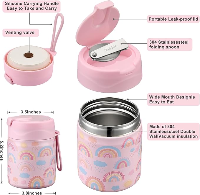 17oz Soup Thermo for Hot Food Kids,Insulated Food Jar with Spoon,Thermo Hot Food Lunch Container,Wide Mouth Leakproof Stainless Steel Lunch Box for School-Rainbow-CubbioJoy