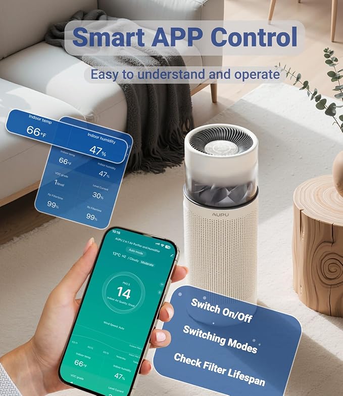 2 in 1 Air Purifier with Humidifier,Air Purifiers for Home Large Room,Humidifier and Air Purifier in one HEPA Purifier for Home Pets Remove Pet Odor Smoke Pollen Dust for Bedroom,Living Room,Office-CubbioJoy